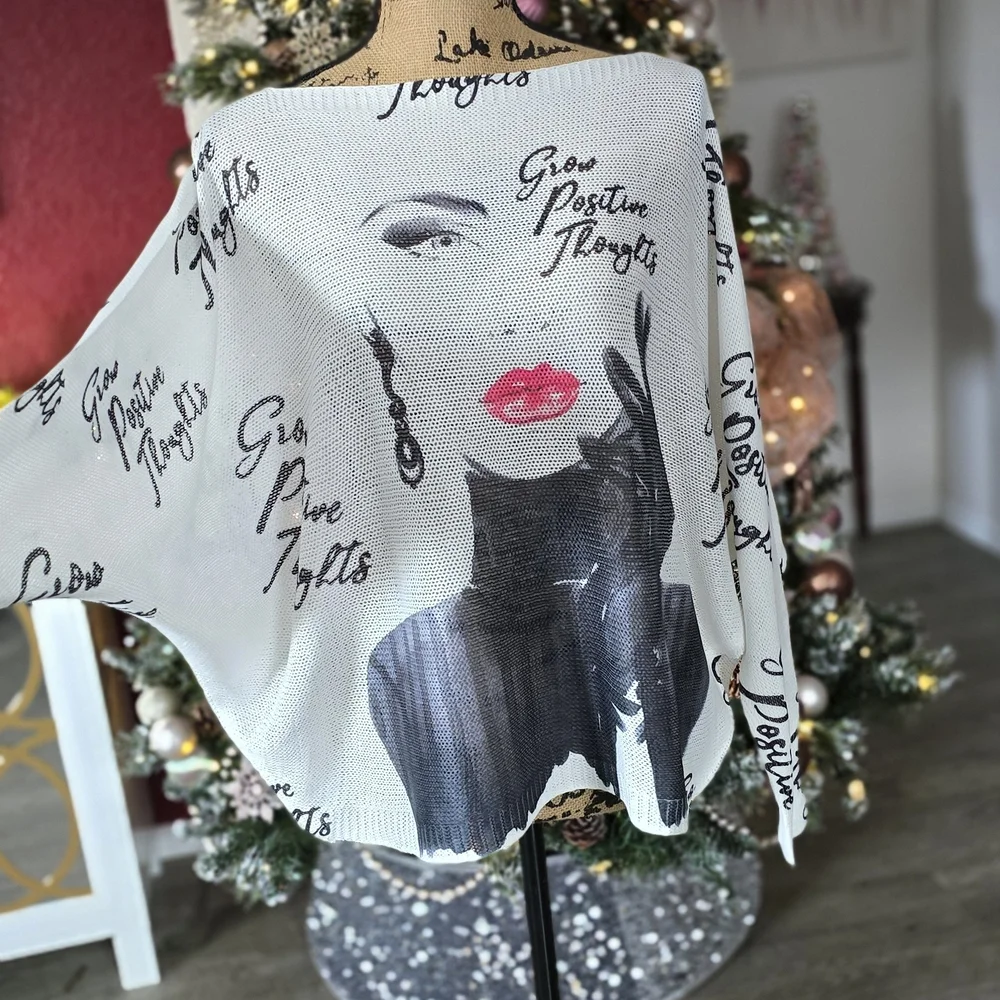 Women's Itailian GrowPositive Thoughts Graphic Batwing Sweater - White and Black - Picture 2 of 4